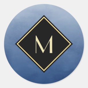 Elegant Brushed Blue With Simple Gold Monogram Classic Round Sticker