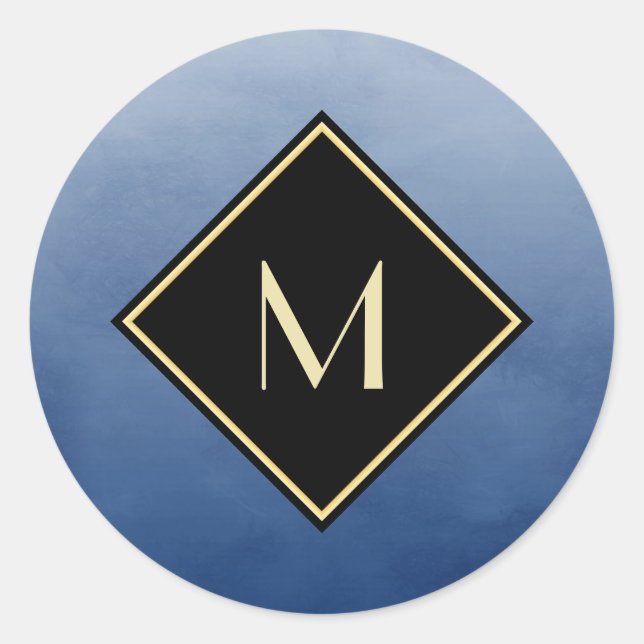 Elegant Brushed Blue With Simple Gold Monogram Classic Round Sticker (Front)