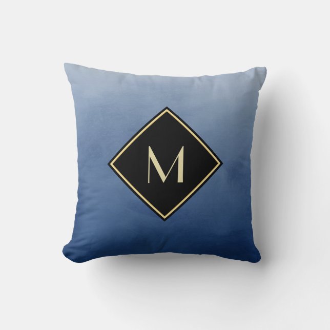 Elegant Brushed Blue With Simple Gold Monogram Cushion (Front)