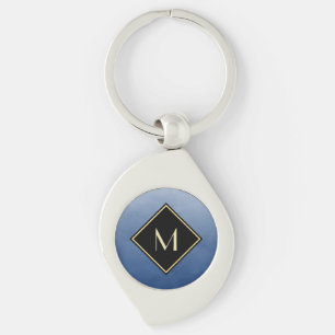 Elegant Brushed Blue With Simple Gold Monogram Key Ring