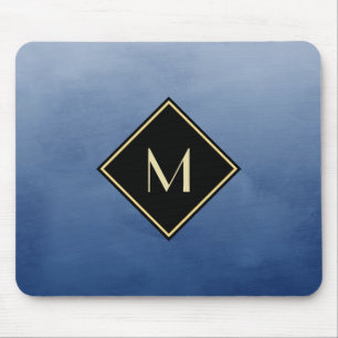 Elegant Brushed Blue With Simple Gold Monogram Mouse Mat