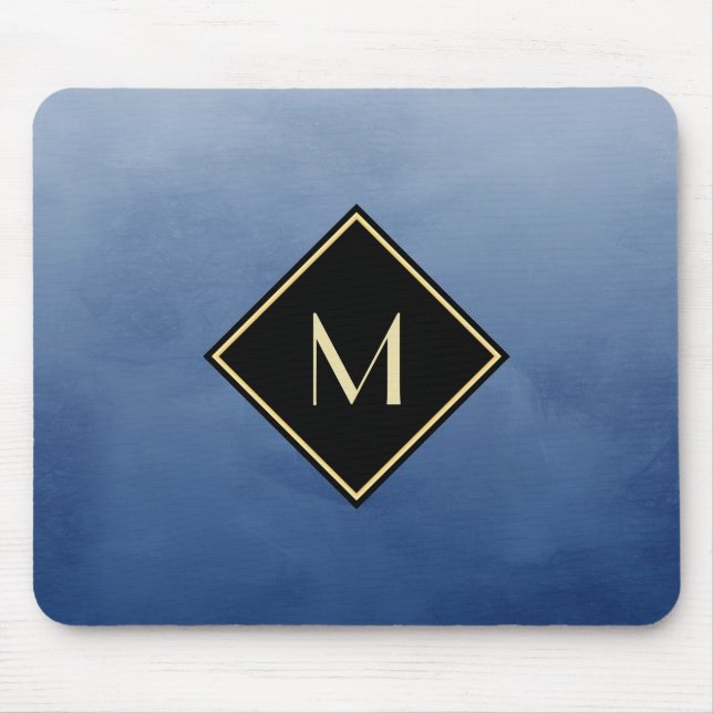 Elegant Brushed Blue With Simple Gold Monogram Mouse Mat (Front)