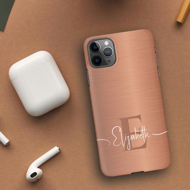 Elegant Brushed Copper Metal Luxury Monogrammed iPhone 16 Case (Creator Uploaded)