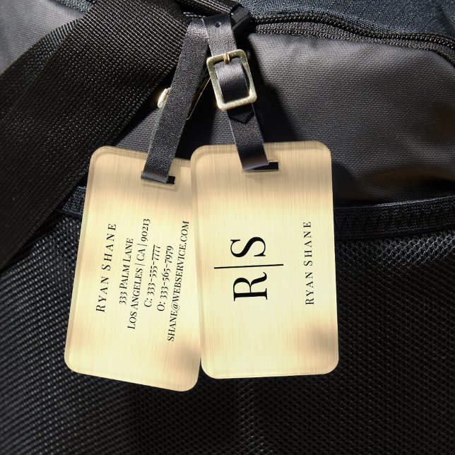 Elegant Brushed Gold, Black Monogram & Name Luggage Tag (Creator Uploaded)
