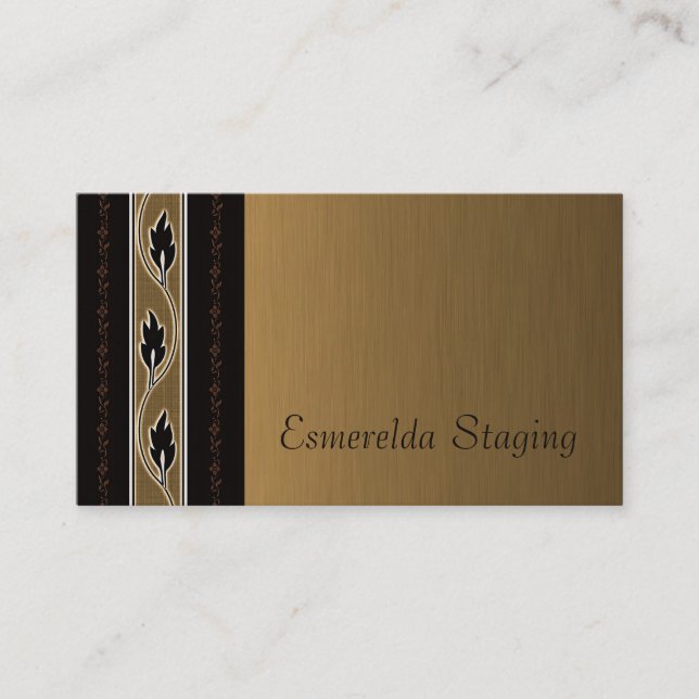 Elegant Brushed Gold Linen Vine Flower Stripe Business Card (Front)