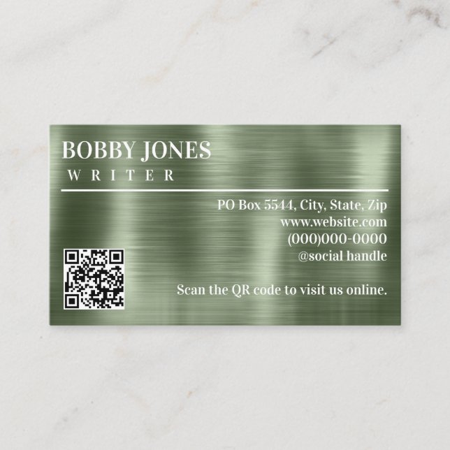 Elegant Brushed Green Foil Metallic QR Code Business Card (Front)