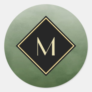Elegant Brushed Green With Simple Gold Monogram Classic Round Sticker