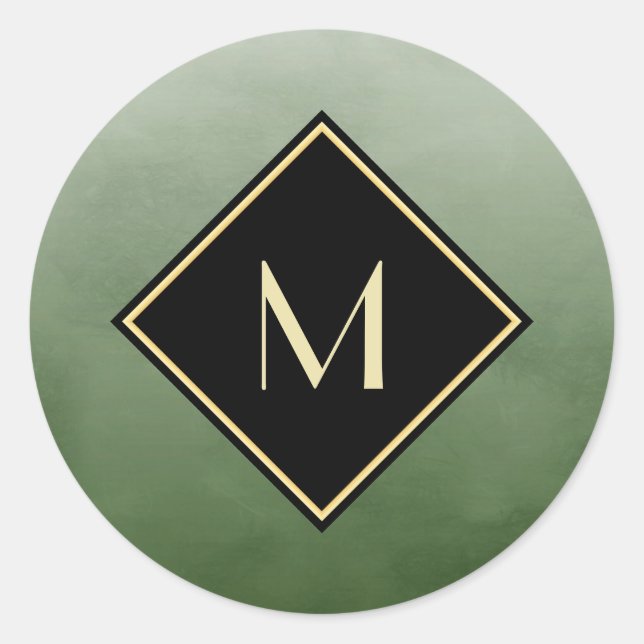 Elegant Brushed Green With Simple Gold Monogram Classic Round Sticker (Front)