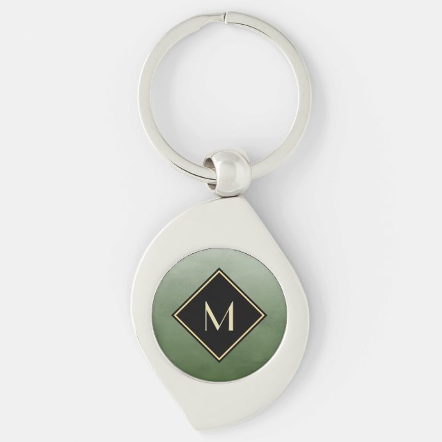 Elegant Brushed Green With Simple Gold Monogram Key Ring (Front)