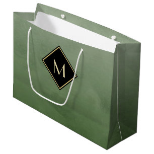 Elegant Brushed Green With Simple Gold Monogram Large Gift Bag