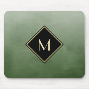 Elegant Brushed Green With Simple Gold Monogram Mouse Mat