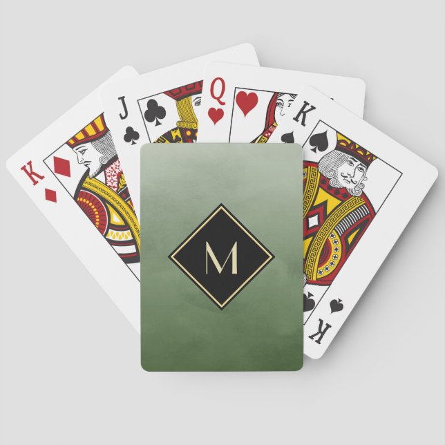 Elegant Brushed Green With Simple Gold Monogram Playing Cards (Back)