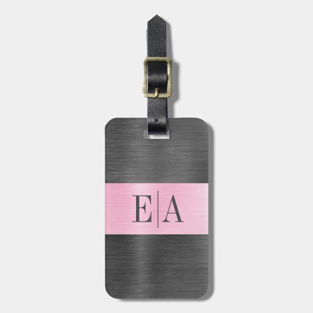 Elegant Brushed Metal Script Pink Monogram  Luggage Tag (Front Vertical)