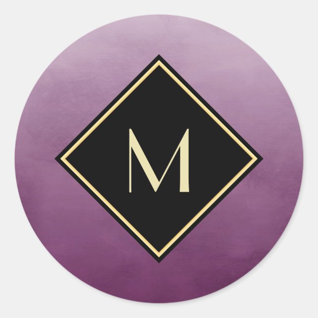 Elegant Brushed Purple With Simple Gold Monogram Classic Round Sticker (Front)