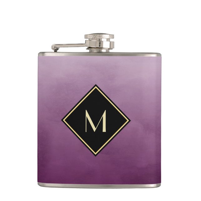 Elegant Brushed Purple With Simple Gold Monogram Hip Flask (Front)