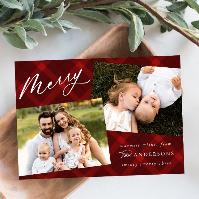 Elegant Brushed Red Plaid 3 Photo Holiday Card (Creator Uploaded)