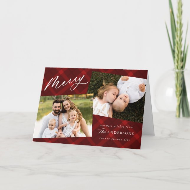 Elegant Brushed Red Plaid 4 Photo Holiday Card (Front)