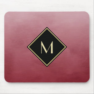 Elegant Brushed Red With Simple Gold Monogram Mouse Mat