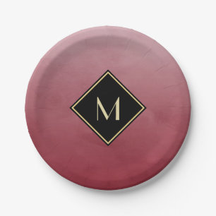 Elegant Brushed Red With Simple Gold Monogram Paper Plate