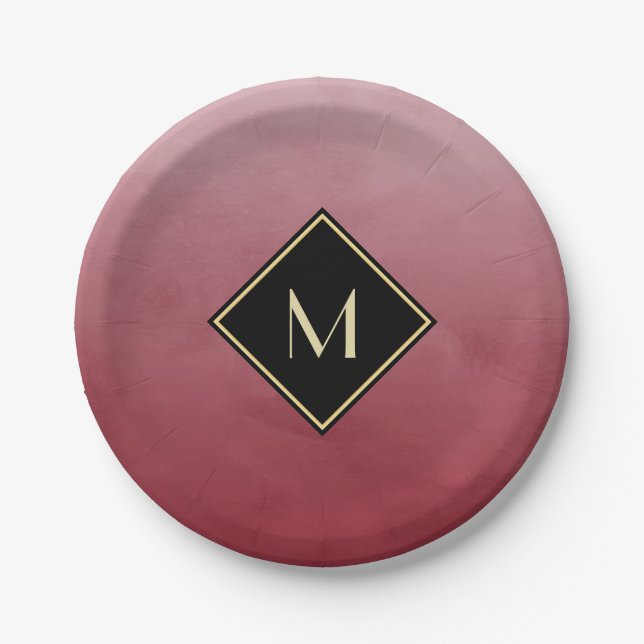 Elegant Brushed Red With Simple Gold Monogram Paper Plate (Front)