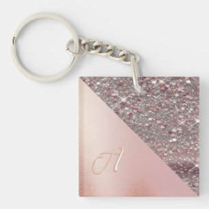 Elegant Brushed Rose Gold Foil & Glitter Monogram Key Ring