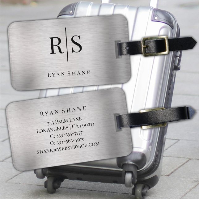 Elegant Brushed Silver, Black Monogram & Name Luggage Tag (Creator Uploaded)