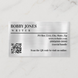 Elegant Brushed Silver Foil Metallic QR Code Business Card
