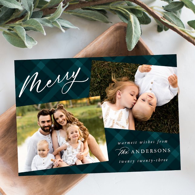 Elegant Brushed Teal Plaid 3 Photo Holiday Card (Creator Uploaded)