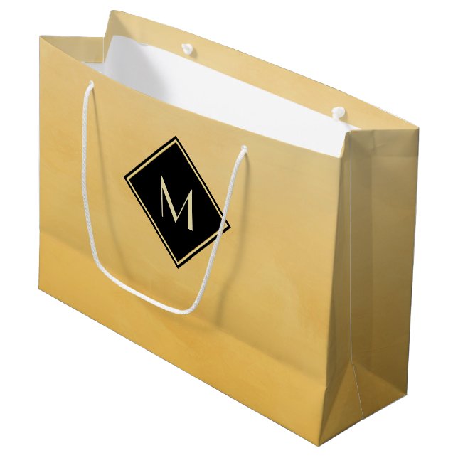 Elegant Brushed Yellow With Simple Gold Monogram Large Gift Bag (Front Angled)