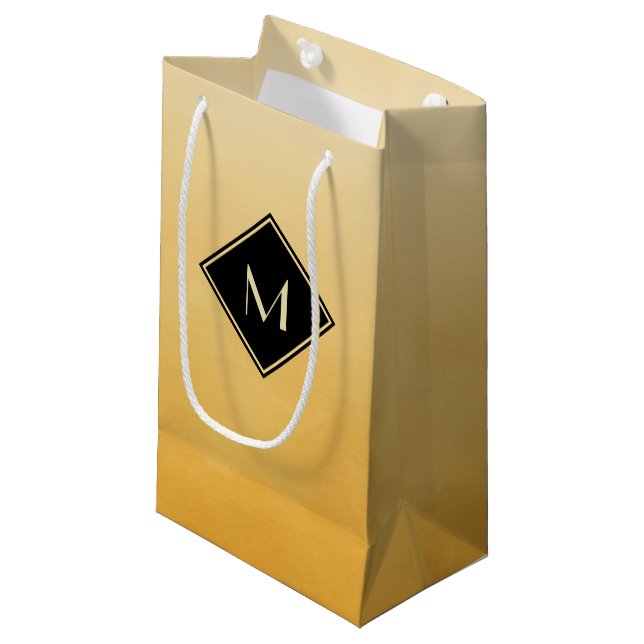 Elegant Brushed Yellow With Simple Gold Monogram Small Gift Bag (Front Angled)
