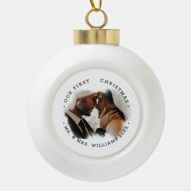 Elegant Brushstroke Overlay Photo | Mr. & Mrs.  Ceramic Ball Christmas Ornament (Front)