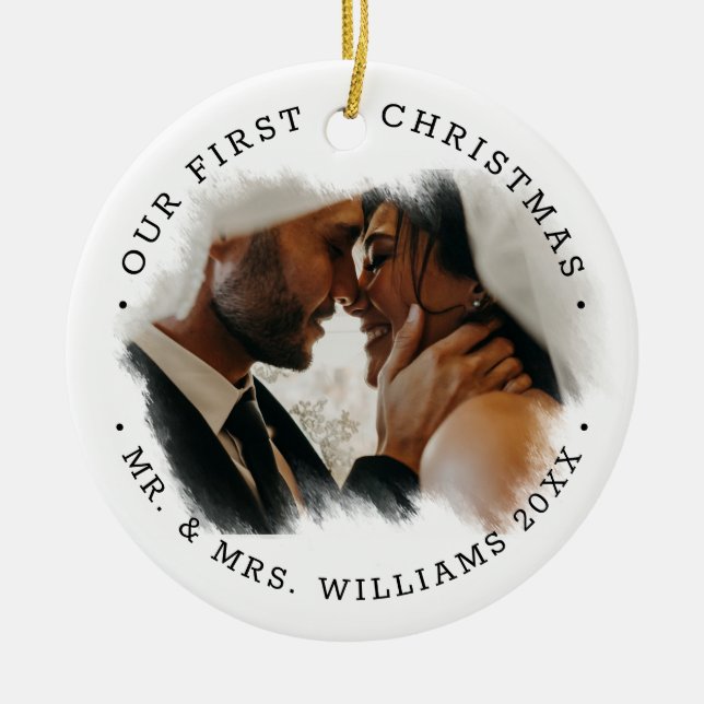 Elegant Brushstroke Overlay Photo | Mr. & Mrs.  Ceramic Tree Decoration (Front)