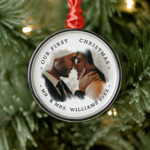 Elegant Brushstroke Overlay Photo Mr. & Mrs. Metal Tree Decoration