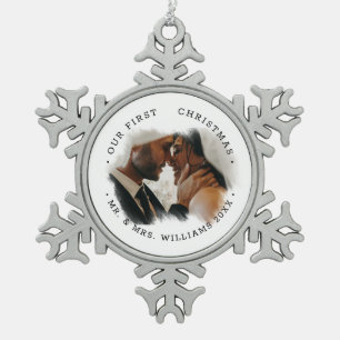 Elegant Brushstroke Overlay Photo Mr. & Mrs. Snowflake Pewter Christmas Ornament