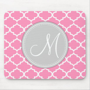 Elegant Bubblegum Pink Quatrefoil with Monogram Mouse Mat