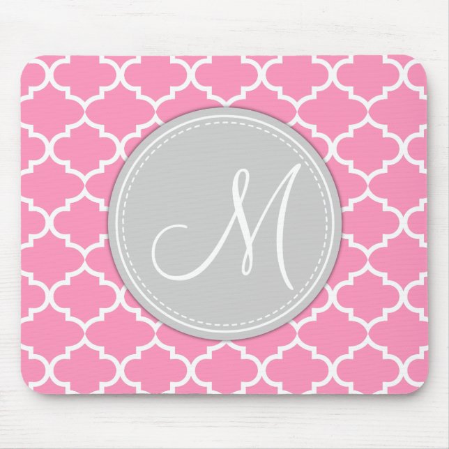 Elegant Bubblegum Pink Quatrefoil with Monogram Mouse Mat (Front)