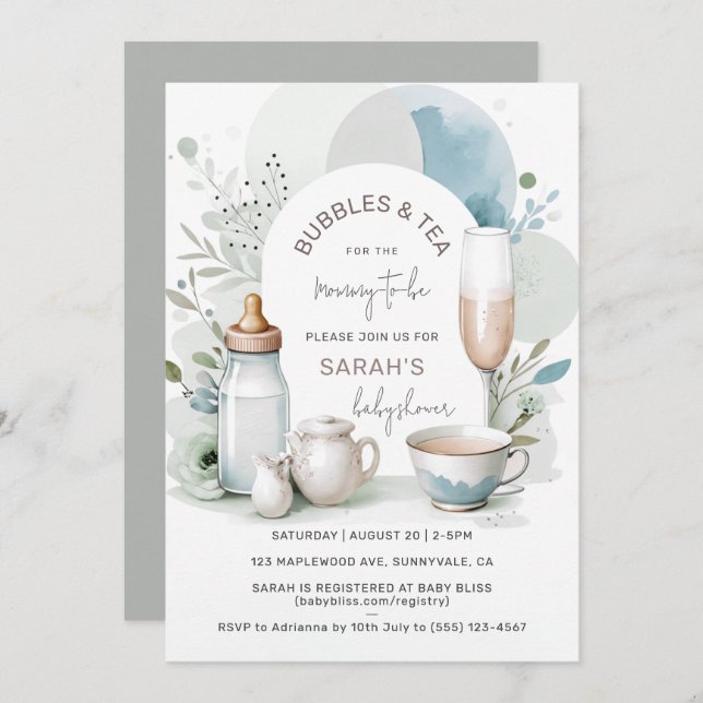 Elegant Bubbles and Tea Baby Shower Green Invitation (Front/Back)