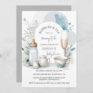 Elegant Bubbles and Tea Baby Shower Green Invitation