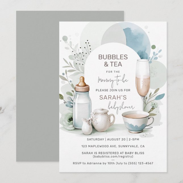 Elegant Bubbles and Tea Baby Shower Green Invitation (Front/Back)