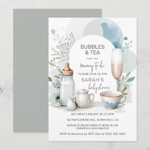 Elegant Bubbles and Tea Baby Shower Green Invitation