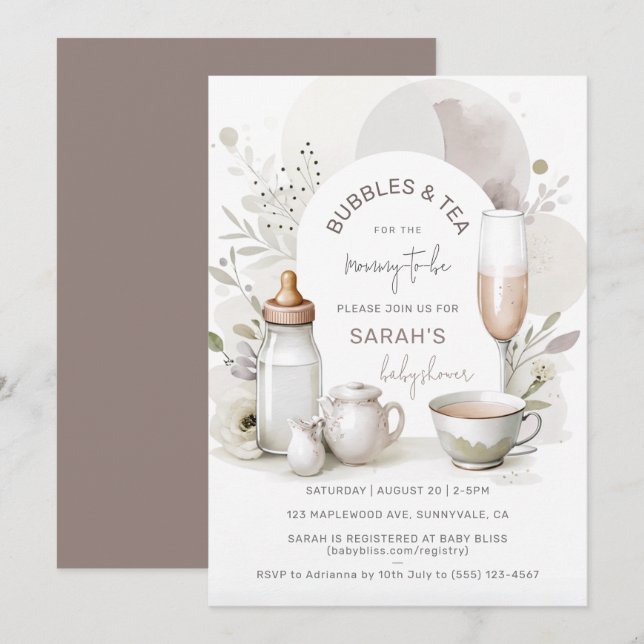Elegant Bubbles & Tea Baby Shower Invitation (Front/Back)