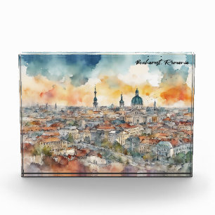 Elegant Bucharest Romania Watercolor City View Photo Block