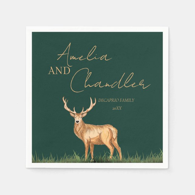 Elegant Buck Deer Christmas Family Name Napkin (Front)