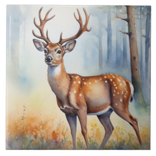 Elegant Buck In Golden Light Forest Landscape Tile