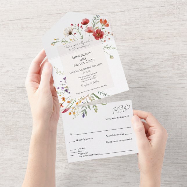 Elegant Budget Botanical Wildflower Wedding All In One Invitation (Tearaway)