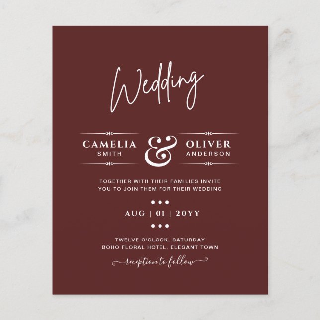 Elegant BUDGET Burgundy Monochrome Wedding Simple  Flyer (Front)