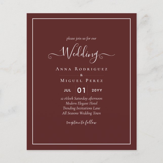 Elegant BUDGET Burgundy Monochrome Wedding Simple  Flyer (Front)