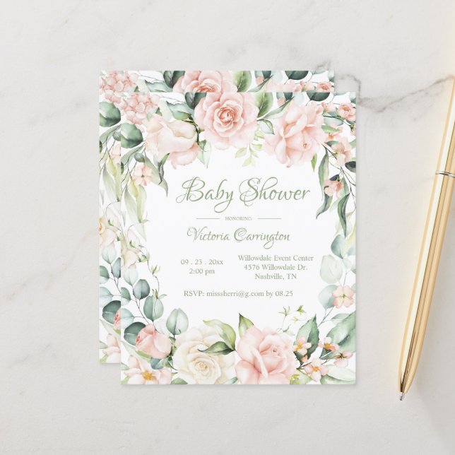 Elegant Budget Floral Watercolor Baby Invitation (Front/Back In Situ)