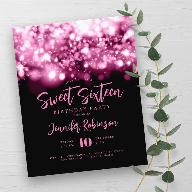 Elegant Budget Hot Pink Sparkle Sweet 16 Invite  Flyer (Elegant Budget Hot Pink Sparkle Sweet 16 Invite Flyer)