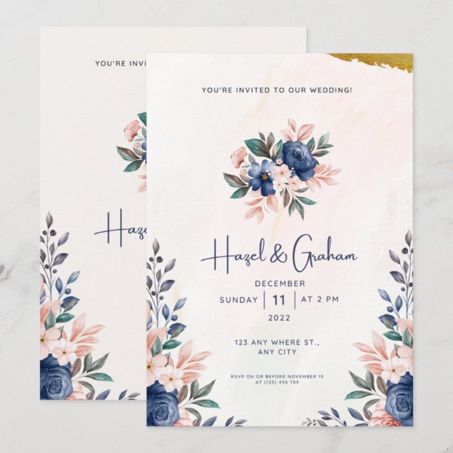 Elegant Budget Modern Floral Wedding Invitation (Front/Back)